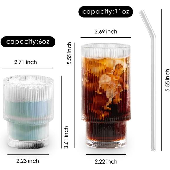 4pcs 11oz Glass Cups with Straws & 4pcs 6oz Cocktail Glasses - Picture 2 of 6
